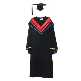 Custom made graduation gown of master's Law School of Macao University of science and technology, black square graduation cap, red V-neck shawl, master's graduation gown shop DA166 Custom made graduation gown of master's Law School of Macao University of science and technology, black square graduation cap, red V-neck shawl, master's graduation gown shop DA166